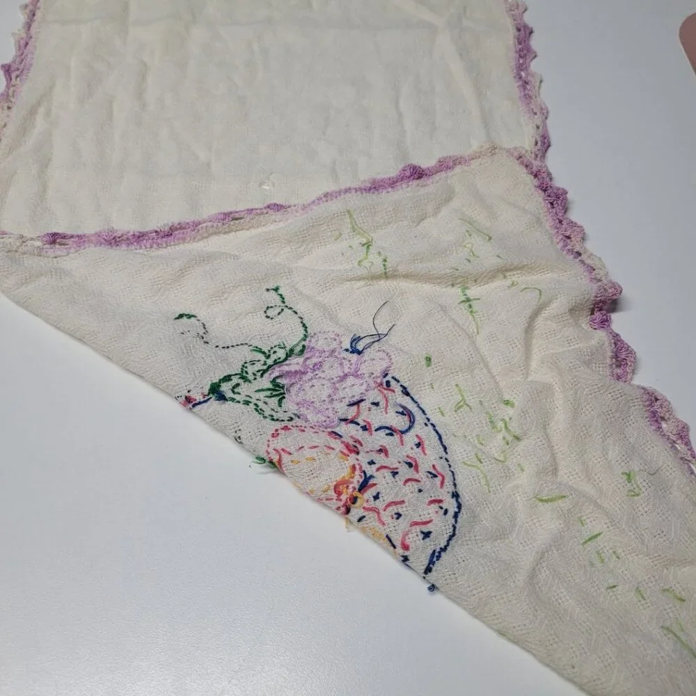 Embroidered Table Runner Small Vintage Linen Fruit Basket 36 Inch Edge‎ Handmade